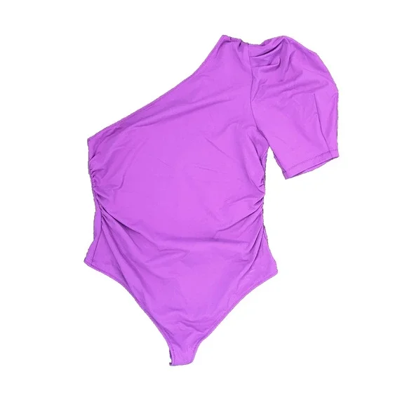 Free People One Shoulder Puff Sleeve L Bodysuit Magenta Ruched Side Stretchy - Picture 8 of 8